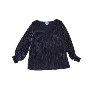 CeCe Blue Silver Metallic Blouse Size Small V-Neck Top Sparkle Festive Party‎